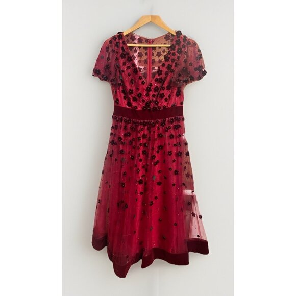 Mac Duggal, Floral Applique Cocktail Midi Dress in Burgundy Size 8 Prom Formal - Picture 2 of 12